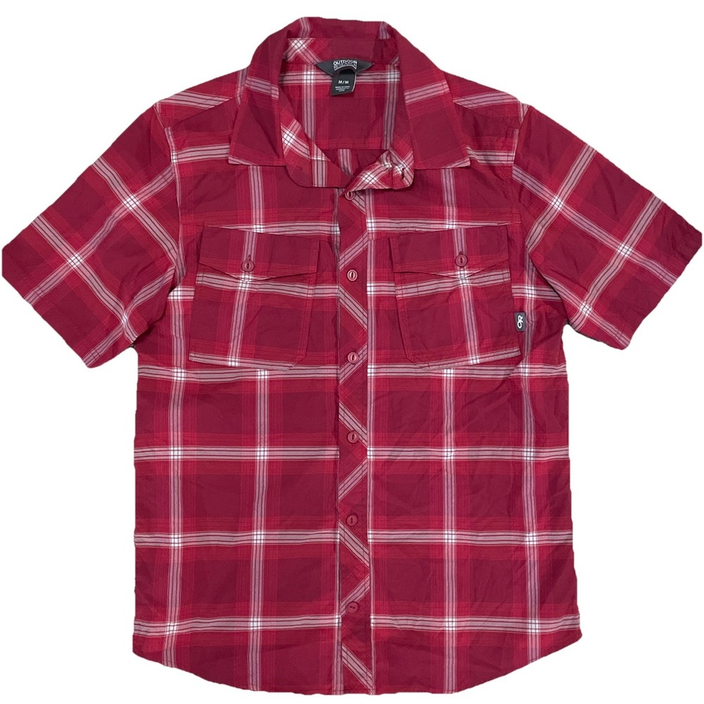 MENS OUTDOOR RESEARCH MEDIUM PLAID WANDERER TRAIL HIKE BUTTON UP SHIRT‎